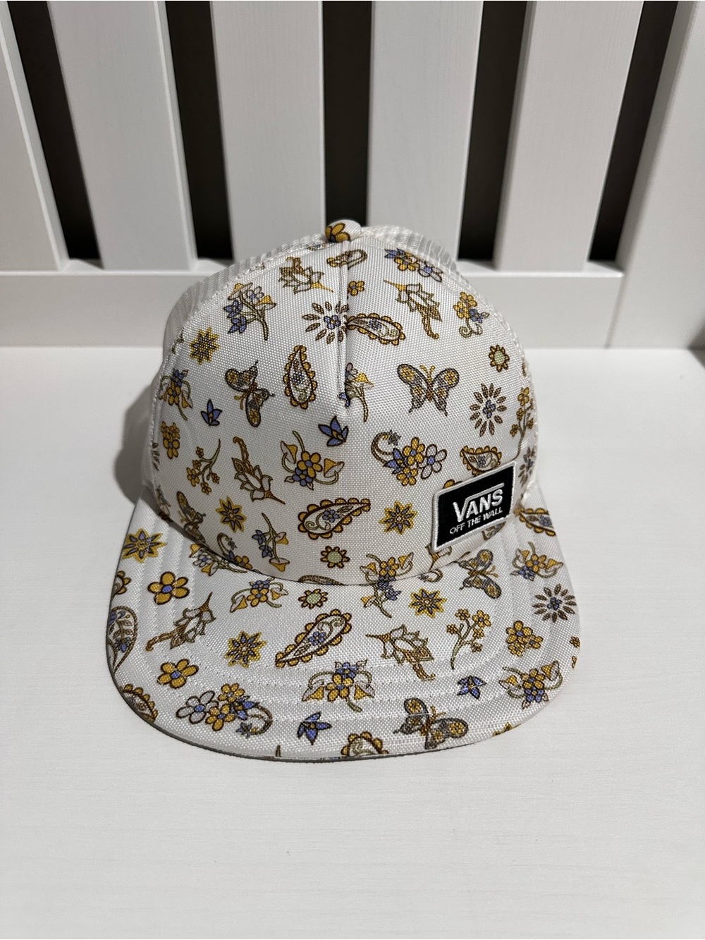 Vans White Floral Paisley Butterfly Print Mesh Trucker Snapback Hat Cap